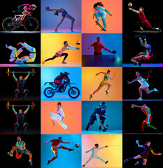 Energy in every frame. Vibrant collage of athletes showcasing diverse sports in neon light against multicolored background. Concept of sport, wellness, healthy lifestyle, movement. Ad