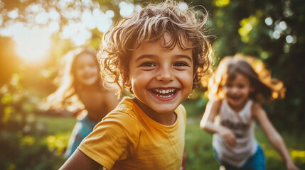 Obraz premium Happy kids, diversity and running with friends in nature for fun, playful day or summer at park. Group of excited children or youth enjoying sunny outdoor holiday or weekend on grass field together