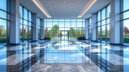 Modern lobby with large glass windows showcasing a vibrant outdoor garden on a sunny day