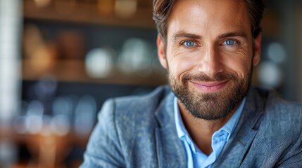 Smiling man in a suit sitting at a café with wooden decor during the day