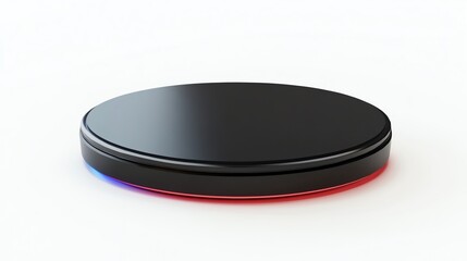 A black, circular object with a blue and red light at the bottom, on a white background.