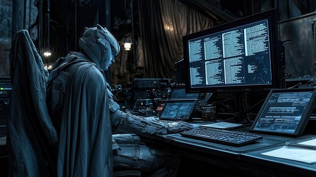 A superhero hacker in a high-tech dark environment, working intensely on multiple computer screens with code and data.