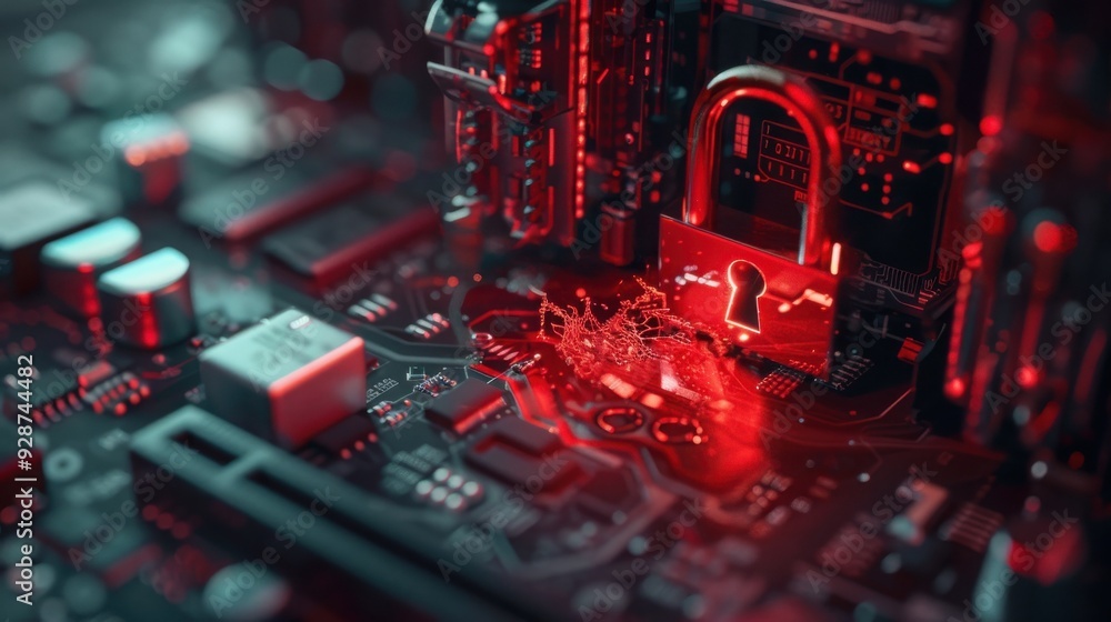 Poster a close-up view of a circuit board with a glowing red lock symbolizing security in technology and th