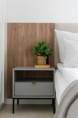 Modern bedroom corner with a bedside table and decorative plant in a serene environment