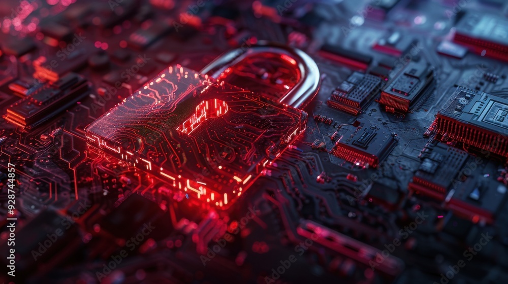 Poster a digital lock symbolizing security on a circuit board, showcasing the fusion of technology and prot