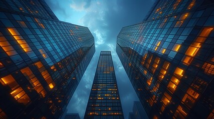 Tall glass skyscrapers reflect twilight hues in an urban landscape with illuminated windows