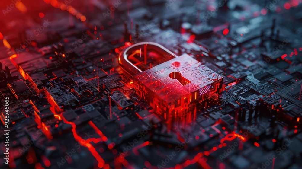 Poster a futuristic digital lock on a glowing circuit board with red lights, symbolizing cybersecurity and 