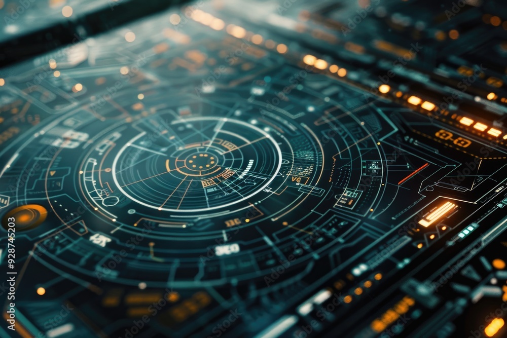 Poster a detailed view of a circuit board on a table, suitable for electronics-related projects or illustra