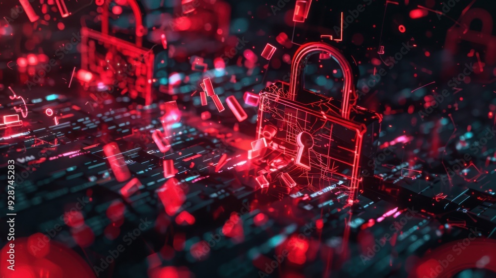 Poster a futuristic representation of digital security with glowing red locks and data streams, symbolizing