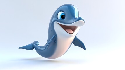 A cartoon dolphin smiles and looks at the camera.
