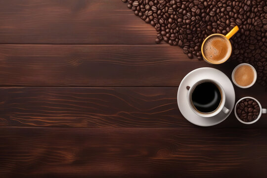 Coffee beans and cups on a wooden table, perfect for a beverage or cafe concept.