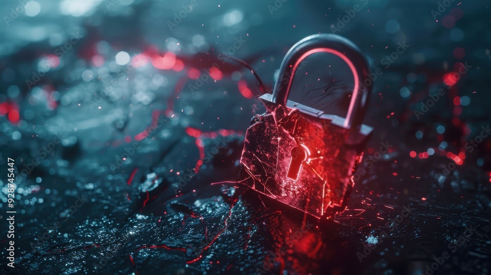 Poster a glowing red padlock set on a dark surface, symbolizing security and protection in a digital or fut