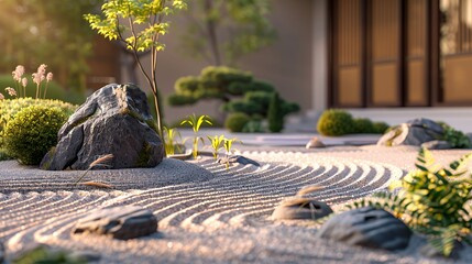 A Japanese rock garden with a large grey rock and raked sand in a zen style garden design.