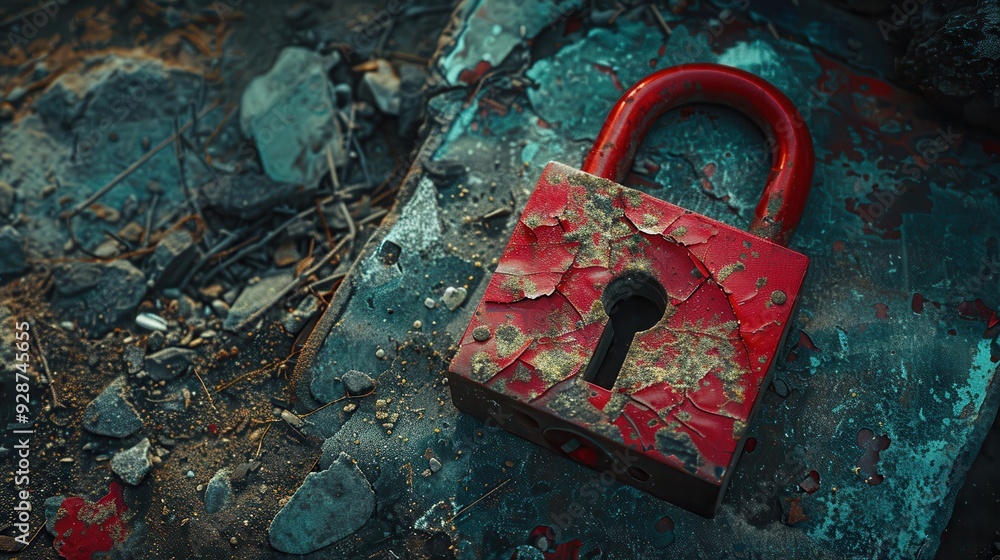 Poster a vibrant red lock rests on a weathered surface, showcasing its aged texture and unique character in