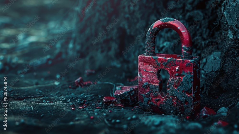 Poster a weathered red padlock rests on the ground, surrounded by a mysterious atmosphere and soft lighting