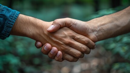 Two individuals shaking hands in a forest setting during daylight