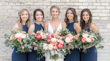 The bride beams with joy as she stands with her four bridesmaids, all dressed in elegant navy gowns and holding lush white peony bouquets