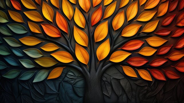 A tree with leaf patterns in bright contrasting colors