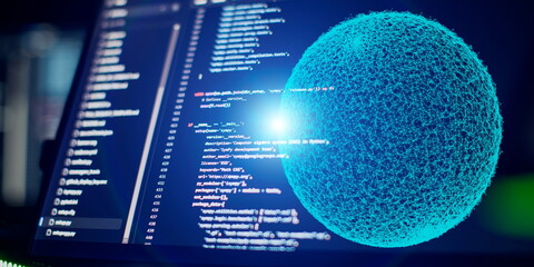 Computer monitor with abstract world map . Programming anywhere in the world