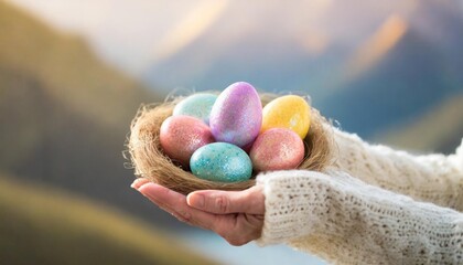 A pair of hands holding a nest with colorful Easter eggs, with mountains in the background.