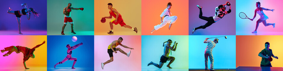Banner. Young sportsmen, male and female athletes, exercising in motion in neon light against...