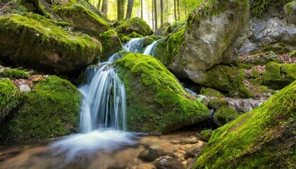 A serene waterfall flowing over moss-covered rocks in a forested area.