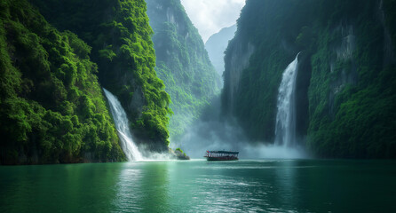 A River in a Verdant Valley with a Tall Waterfall and a Boat Drifting Amidst Thick Mist