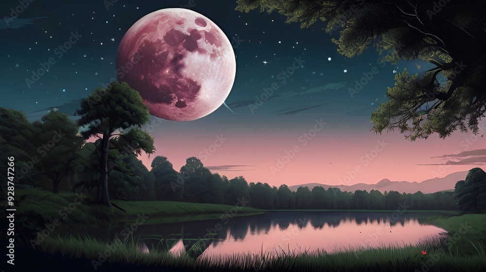 Poster the image is a photograph of a full moon in the night sky. the moon is partially obscured by a tree 