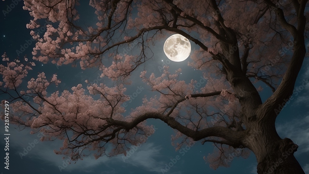 Poster the image is a photograph of a full moon in the night sky. the moon is partially obscured by a tree 