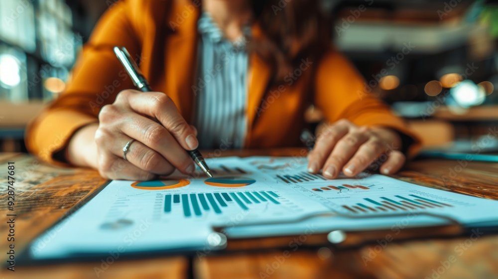 Poster person analyzing graphs and charts while sitting at a wooden table in a cafe during daylight hours