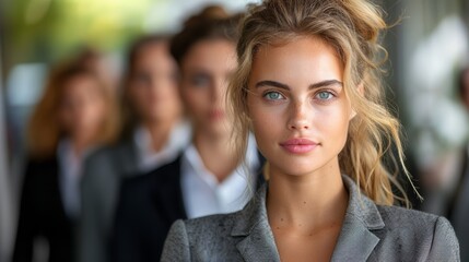 Fototapeta premium Confident businesswoman stands in front of a group of professionals during a corporate event in a modern office setting