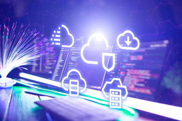 Concept of cloud computing technology. Protecting data and servers remotely. Network connection.