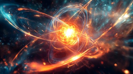 Obraz premium 11. An atom with a radiant core and dynamic, swirling electron orbits in a high-energy environment