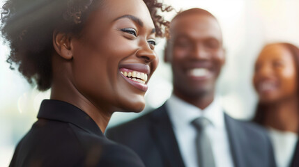 Fototapeta premium African American / black business woman socializing with colleagues / Professional business people in a meeting / Concept of success and achievement 