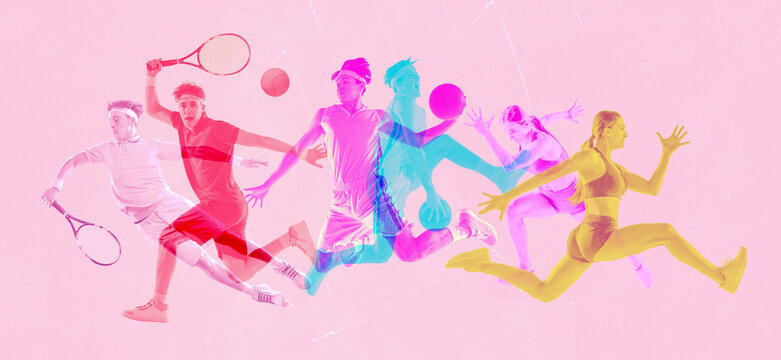 Collage. Colorful silhouettes of professional sportsmen in motion overlaid on each other again pastel pink background. Concept of sport, wellness, healthy lifestyle, movement. Ad