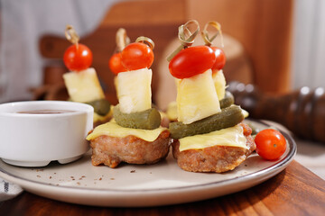 Food BBQ Grilled Pork Cheese Skewers and Pineapple Tomatoes