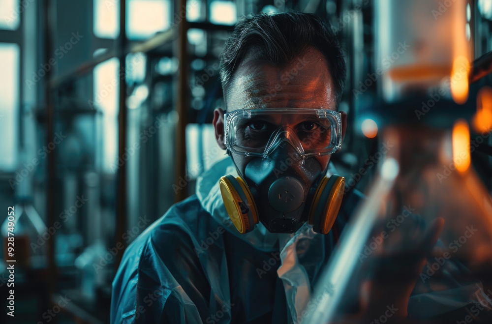 Canvas Prints a person in protective gear with a face mask and white coat inside an empty medical facility room