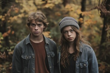 Fototapeta premium Two young individuals pose in a serene autumn forest, capturing the essence of youth amidst nature.