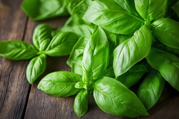 Fototapeta premium A vibrant image of fresh basil leaves arranged on a rustic wooden surface, highlighting their rich green color and texture.