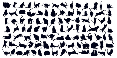 Collection of 100 cat silhouette. Icons with black figures of kittens in different positions. Diverse feline poses. Sitting and jumping pet. Flat vector illustration set isolated on white background