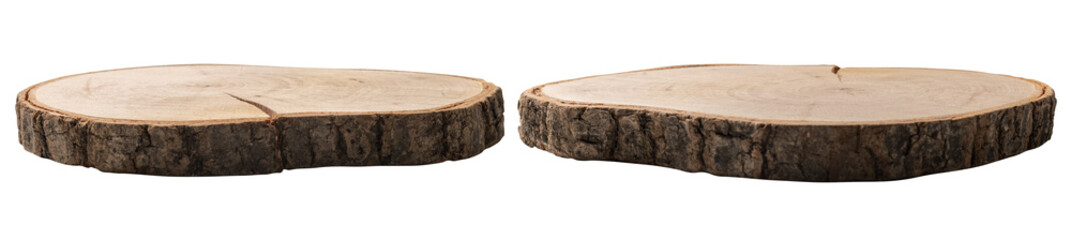 Two natural wooden podiums, cut from logs, on transparent background. Mock up for product display....