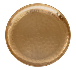 Elegant golden plate with a hammered texture and raised rim, beautifully showcased in a top view, flat lay format. Its rich, reflective surface is perfectly isolated on transparent background.