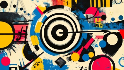 A high-contrast art collage illustrating brand positioning strategies with a circular target at the center, symbolizing strategic focus and market segmentation