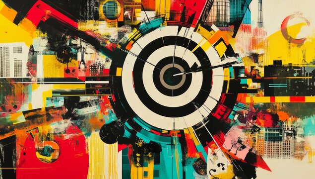 A high-contrast art collage illustrating brand positioning strategies with a circular target at the center, symbolizing strategic focus and market segmentation