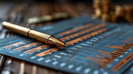 Financial analysis report with a gold pen and currency coins on a wooden table