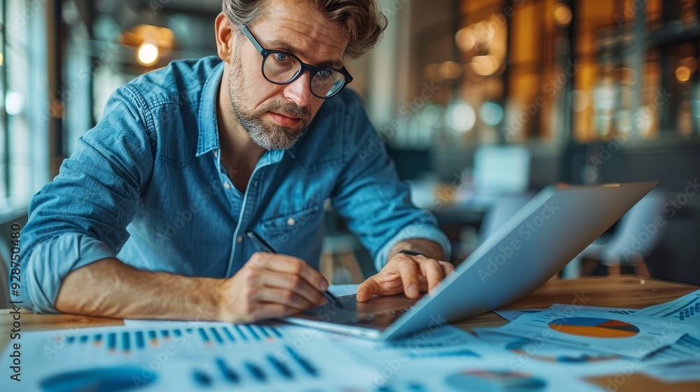 Poster man working on a laptop in a modern office, analyzing charts and data during a brainstorming session