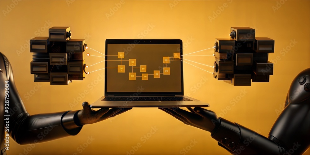 Aufkleber cybernetic collaboration: two robotic hands gracefully hold a laptop displaying a digital network, s