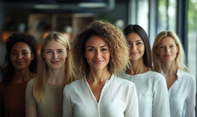 Obraz premium Womens Day. Labor Day. Interracial group of powerful independent executive women in the office Generative AI