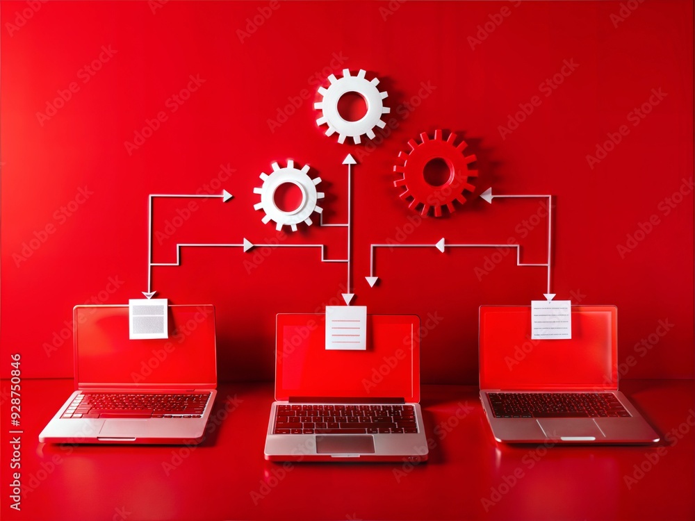 Poster networked efficiency: a minimalist, conceptual image featuring three laptops connected by gears and 