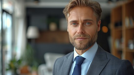Fototapeta premium Confident businessman in a formal suit standing indoors in a modern office setting during the daytime